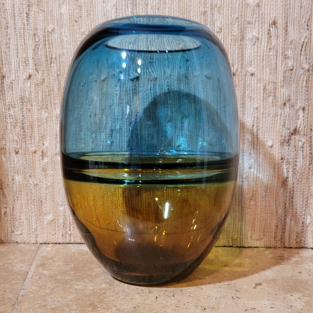Nordic Art Glass Vase Blue Amber Handblown  9”
